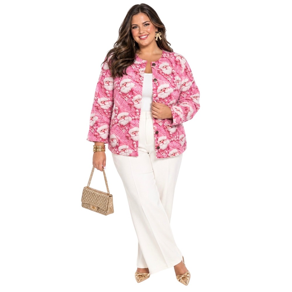 Pink Santa Claus Pearl Print Christmas Cardigan Sweater Womens Long Sleeve L NEW